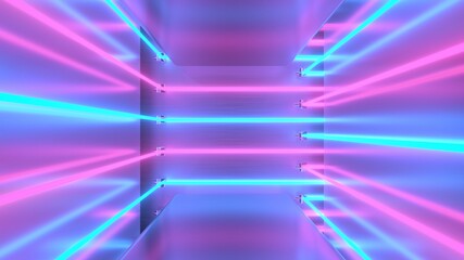 Fototapeta na wymiar Retro Aesthetic Pink Blue Laser Beams Reflect Fluorescent Neon Hall - Abstract Background Texture
