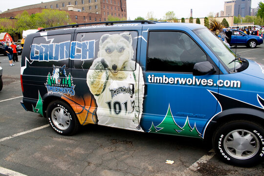 Timberwolves Professional Basketball NBA Team Van For Transporting Mascot Crunch.  Cinco De Mayo Fiesta St Paul Minnesota USA