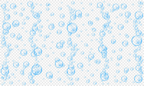 Blue underwater sparkling bubbles on transparent background. Water stream in sea or aquarium. Fizzy carbonated drink texture. Vector realistic illustration.