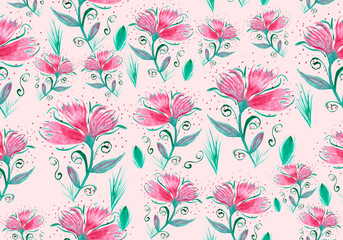 Fototapeta na wymiar patern of pink delicate flowers and green buds on a pink background, watercolor pink floral pattern for print and design