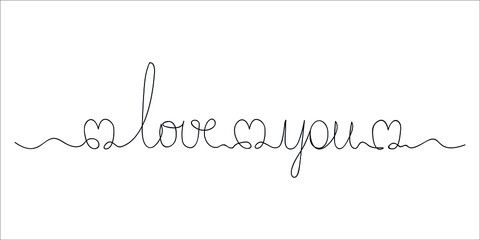 Love you text drawn one line. Hand lettering isolated on white background. Sketch for wedding, valentine's  day, birthday, mother's  day, women's  day. Vector illustration.
