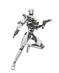 droid soldier is standing up like a super hero in action and holding a pistol