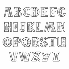 Capital hand drawn black letters of English alphabet decorated for Christmas doodle style outline vector illustration, calligraphic abc, cute funny handwriting, contour lined art and lettering