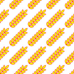 Background and pattern with red yellow ears of wheat, barley or rye. Vector seamless repeating editable template on white background. 