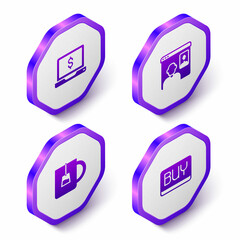Set Isometric Laptop with dollar, Video chat conference, Cup of tea and Buy button icon. Purple hexagon button. Vector