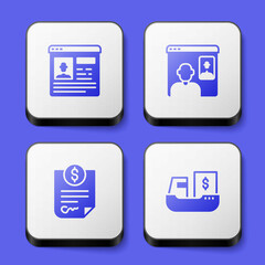 Set Resume, Video chat conference, Contract money and Cargo ship with boxes delivery icon. White square button. Vector