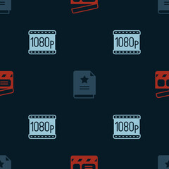 Set Movie clapper, Scenario and Full HD 1080p on seamless pattern. Vector