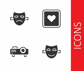 Set Comedy theatrical mask, Drama, Movie, film, media projector and Like heart icon. Vector