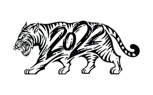 illustration of tiger with calligraphy year 2022 in doodle ink style