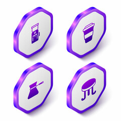 Set Isometric Electric coffee grinder, Coffee cup to go, turk and table icon. Purple hexagon button. Vector