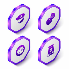 Set Isometric Pour over coffee maker, Cookie or biscuit, Donut and Bag beans icon. Purple hexagon button. Vector