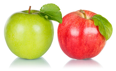 Apples fruits red green apple fruit with leaf isolated on a white background