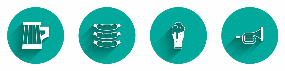 Set Wooden beer mug, Sausage, Glass of and Trumpet icon with long shadow. Vector