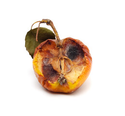 The half of rotten apple with leaf isolated o white background