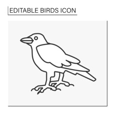  Raven line icon. Large heavily built crow with black plumage. Birds concept. Isolated vector illustration. Editable stroke