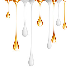 Drops of oily liquid and milk are dripping on a white background