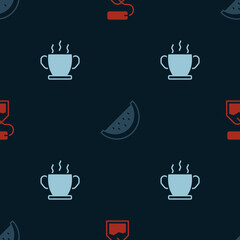 Set Tea bag, Watermelon and Bowl of hot soup on seamless pattern. Vector