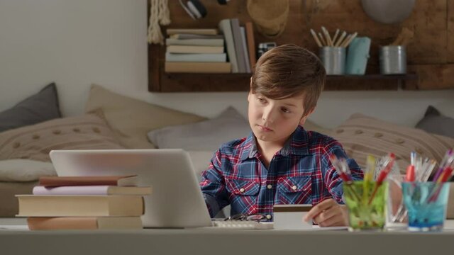 online shopping with credit card, student boy uses a computer at home, surfs the internet looking for a purchase, types card numbers and pays by e-bank happy and smiling