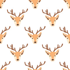 Naklejka na ściany i meble Christmas pattern with heads of reindeers on a white background. Vector illustration 