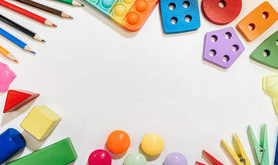 A layout of educational toys for small children in the form of sorters, pencils, mosaics, constructor on a white background