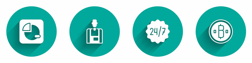 Set Pie chart infographic, Seller, Clock 24 hours and Cryptocurrency coin Bitcoin icon with long shadow. Vector