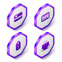 Set Isometric Credit card, Barcode, Price tag with dollar and Paper shopping bag icon. Purple hexagon button. Vector