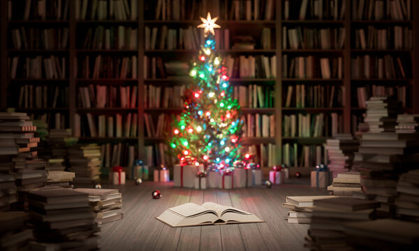 Decorated Christmas tree in the library with old books, Holidays in Bookstore concept 3d render 3d illustration
