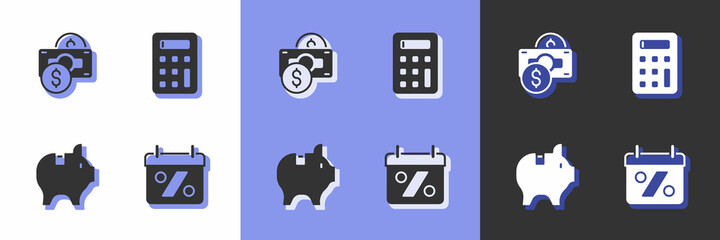 Set Discount percent tag, Stacks paper money cash, Piggy bank and Calculator icon. Vector