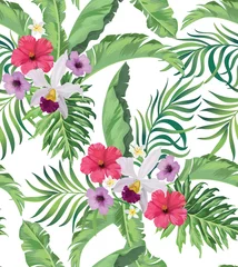 Poster Tropical pattern with strelizia, hibiscus, palm leaves. Summer vector background for fabric, cover, print design. © Logunova  Elena