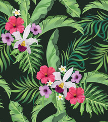 Tropical pattern with strelizia, hibiscus, palm leaves. Summer vector background for fabric, cover, print design.