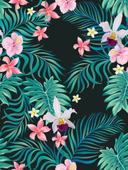 Fototapeta premium Tropical pattern with strelizia, hibiscus, palm leaves. Summer vector background for fabric, cover, print design.