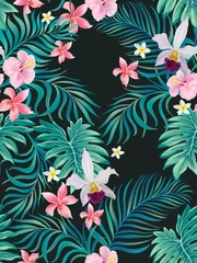 Meubelstickers Tropisch patroon met strelizia, hibiscus, palmbladeren. Zomer vector achtergrond voor stof, dekking, print ontwerp. © Logunova  Elena