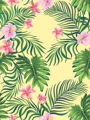  Tropisch patroon met strelizia, hibiscus, palmbladeren. Zomer vector achtergrond voor stof, dekking, print ontwerp. © Logunova  Elena