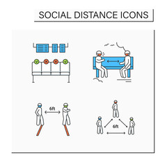 Social distance color icons set. Corona virus pandemic safety recommendations. Keep distance at park, public places. Keeping 6 ft apart. Isolated vector illustrations
