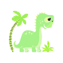 Cute diplodocus with palm tree and bush