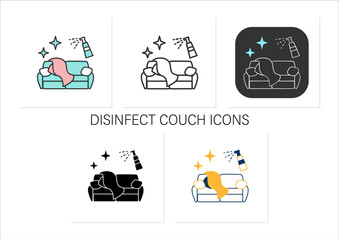 Couch disinfection icons set.Wet cleaning and sanitizing of soft home furniture.Safety space,preventative measures.Collection of icons in linear, filled, color styles.Isolated vector illustrations 