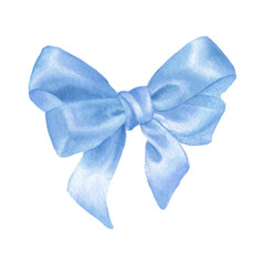 Watercolor blue silk gift bow. Hand painted illustration isolated on a white background. Baby boy decor element. isolated on white