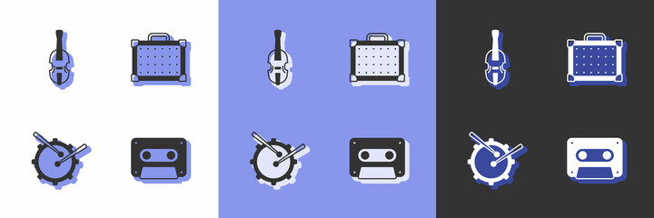 Set Retro audio cassette tape, Violin, Drum with drum sticks and Guitar amplifier icon. Vector