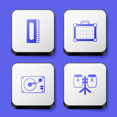 Set Harmonica, Guitar amplifier, Vinyl player with vinyl disk and Conga drums icon. White square button. Vector