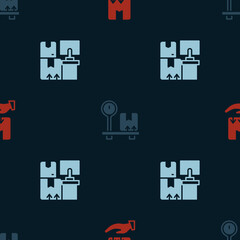 Obraz premium Set Delivery hand with box, Scale cardboard and Warehouse boxes on seamless pattern. Vector