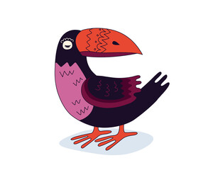 Colorful drawing toucan exotic bird. Hand drawn funny tropical parrot with a huge beak stands. Vector isolated eps illustration