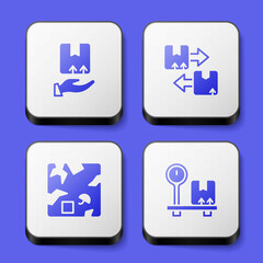 Set Delivery hand with box, Cardboard traffic symbol, Broken cardboard and Scale icon. White square button. Vector