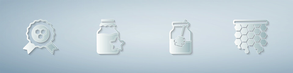 Set Honey award, Jar of honey, and dipper stick and Honeycomb. Paper art style. Vector