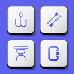 Set Fishing hook, Oars or paddles boat, Camping folding chair and Carabiner icon. White square button. Vector