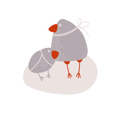 Vector illustration with birds in grey, pink and red-brown. Suitable for cards,  invitations, paper and others