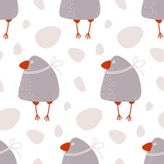Vector seamless pattern with big funny birds  on a light background. Grey, pink and red-brown. Suitable for cards, paper and others