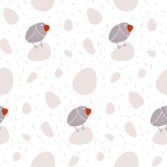 Vector seamless pattern with little funny birds  on a light background. Grey, pink and red-brown. Suitable for cards, paper and others