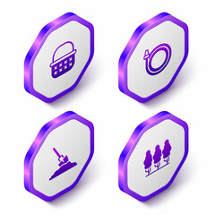 Set Isometric Wicker basket, Garden hose, Shovel in the ground and Fruit trees icon. Purple hexagon button. Vector