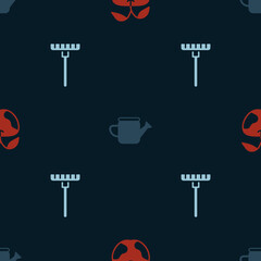 Set Apple, Watering can and Garden rake on seamless pattern. Vector