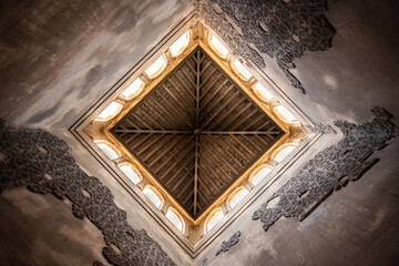 Ceiling of a tower at the Nasrid palaces, decorated with fragments of moorish ornaments, Alhambra de Granada UNESCO World Heritage Site, Granada, Andalusia, Spain